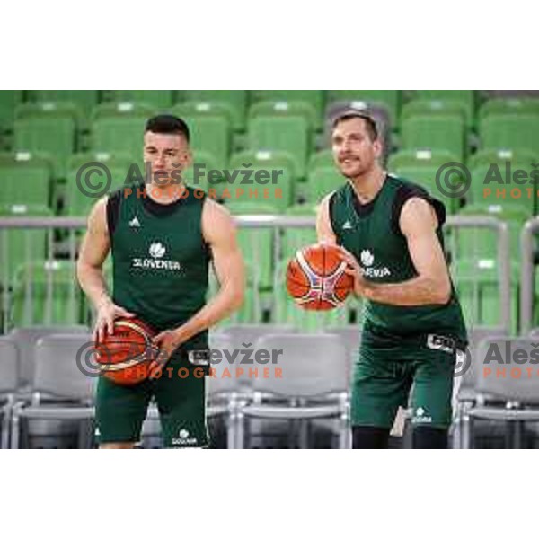 Matic Rebec and Zoran Dragic during Slovenia National team practice session in Stozice hall, Ljubljana, Slovenia on February 18, 2019