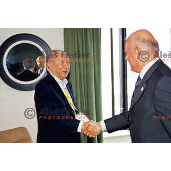 Juan Antonio Samaranch, president of International Olympic Committee ( 1980-2001) during Summer Olympic games 2000 in Sydney meets Janez Kocijancic of Slovenia