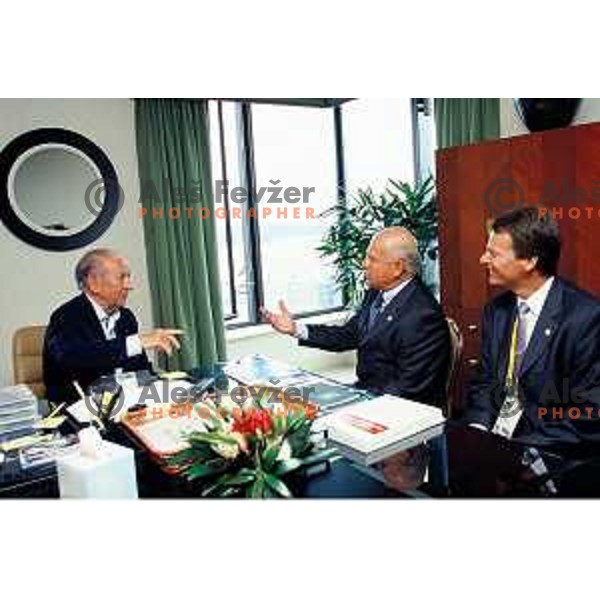 Juan Antonio Samaranch, president of International Olympic Committee ( 1980-2001) during Summer Olympic games 2000 in Sydney meets Janez Kocijancic and Tone Jagodic of Slovenia