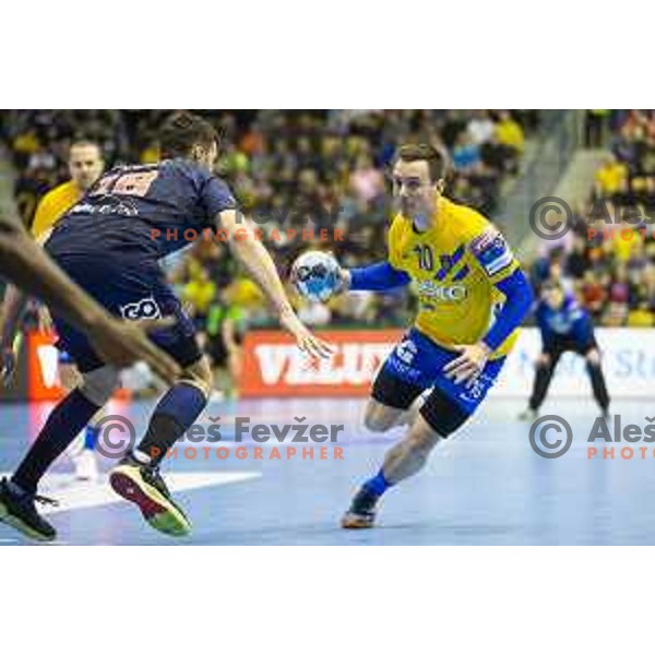 Rok Ovnicek in action during handball match between Celje Pivovarna Lasko and PSG, Velux EHF Champions League 2018/19, played in Zlatorog Arena, Celje, Slovenia on February 24, 2019