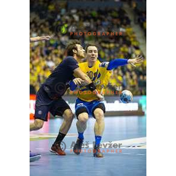 Rok Ovnicek in action during handball match between Celje Pivovarna Lasko and PSG, Velux EHF Champions League 2018/19, played in Zlatorog Arena, Celje, Slovenia on February 24, 2019