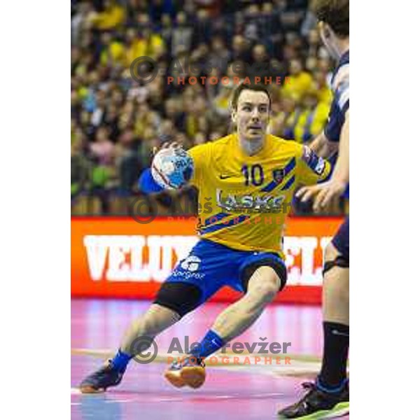 in action during handball match between Celje Pivovarna Lasko and PSG, Velux EHF Champions League 2018/19, played in Zlatorog Arena, Celje, Slovenia on February 24, 2019