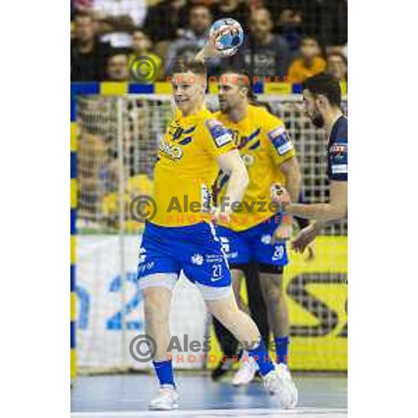 Kristjan Horzen in action during handball match between Celje Pivovarna Lasko and PSG, Velux EHF Champions League 2018/19, played in Zlatorog Arena, Celje, Slovenia on February 24, 2018
