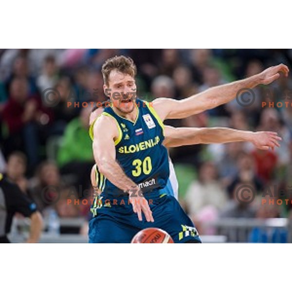 in action during FIBA Basketball World Cup 2019 European qualifiers basketball match between Slovenia and Ukraine, Stozice Arena, Ljubljana, Slovenia on February 26, 2019