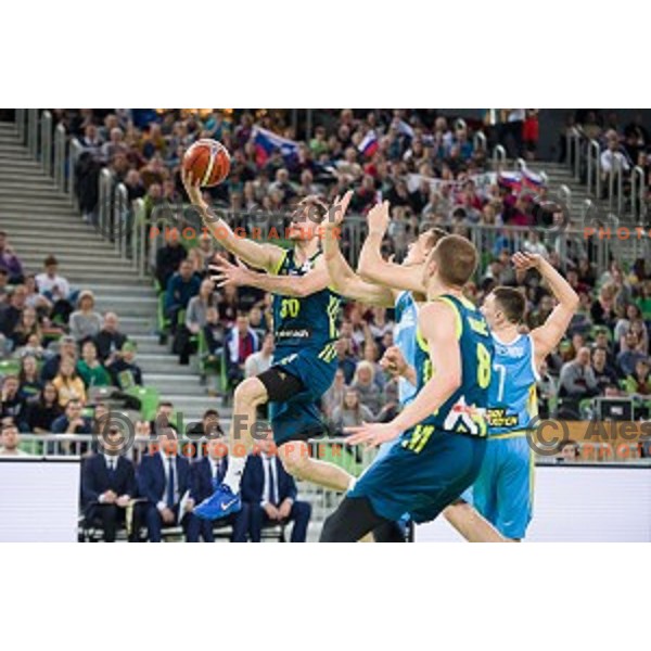 in action during FIBA Basketball World Cup 2019 European qualifiers basketball match between Slovenia and Ukraine, Stozice Arena, Ljubljana, Slovenia on February 26, 2019