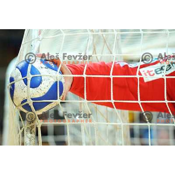 Lemgo goalie takes the ball out of the goal 