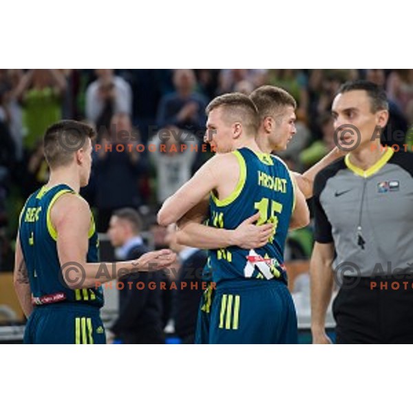 Gregor Hrovat, Edo Muric in action during FIBA Basketball World Cup 2019 European qualifiers basketball match between Slovenia and Ukraine, Stozice Arena, Ljubljana, Slovenia on February 26, 2019