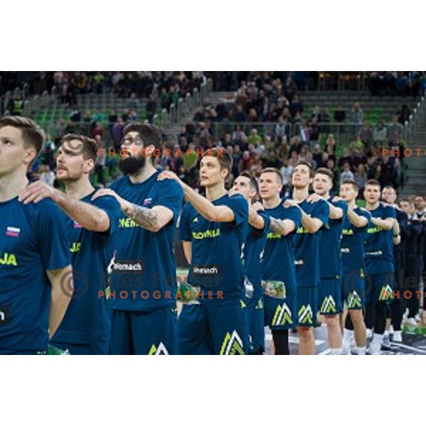 Team Slovenia in action during FIBA Basketball World Cup 2019 European qualifiers basketball match between Slovenia and Ukraine, Stozice Arena, Ljubljana, Slovenia on February 26, 2019