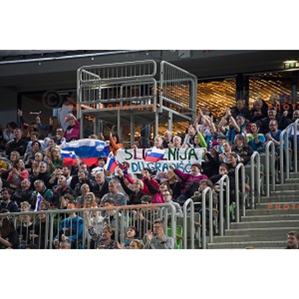 Fans in action during FIBA Basketball World Cup 2019 European qualifiers basketball match between Slovenia and Ukraine, Stozice Arena, Ljubljana, Slovenia on February 26, 2019