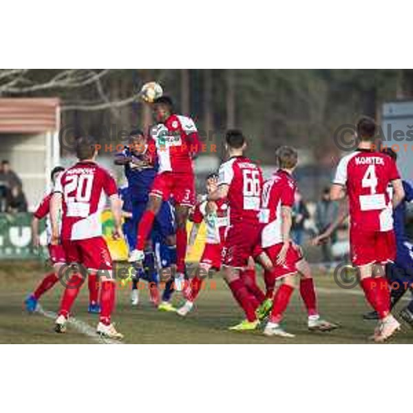 Marcos Tavares and Stanley Amazue in action during soccer match between Aluminij and Maribor, Round 21 of PLTS 2018/19, played in Sportni park Kidricevo, Slovenia on March 3, 2019