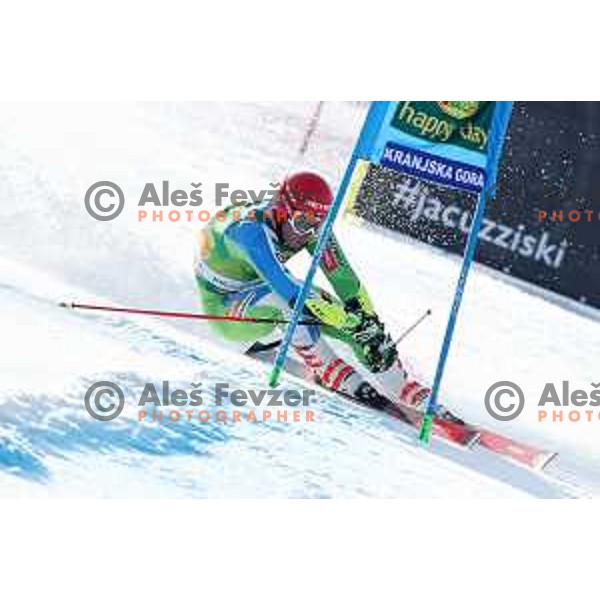 Zan Kranjec skiing in the first run of FIS Audi World Cup Giant Slalom for 58. Vitranc Cup in Kranjska Gora, Slovenia on March 9, 2019