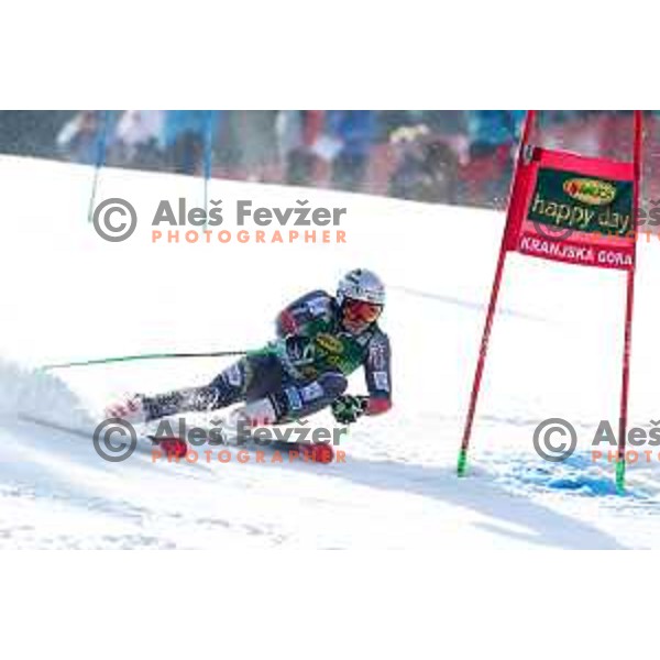 Henrik Kristoffersen skiing in the first run of FIS Audi World Cup Giant Slalom for 58. Vitranc Cup in Kranjska Gora, Slovenia on March 9, 2019