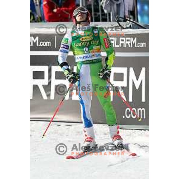Zan Kranjec skiing in the second run of FIS Audi World Cup Giant Slalom for 58. Vitranc Cup in Kranjska Gora, Slovenia on March 9, 2019