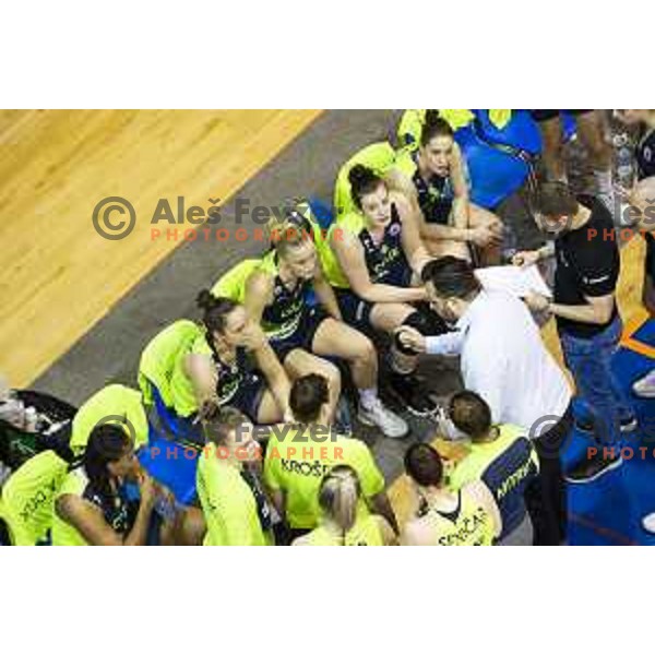 Zala Friskovec, Larisa Ocvirk, Chatrice Marie White and Damir Grgic, head coach of ZKK Cinkarna Celje during women basketball match between ZKK Cinkarna Celje and Triglav, semi-final cup 2019, played in Dvorana Tabor, Maribor, Slovenia on March 9, 2019