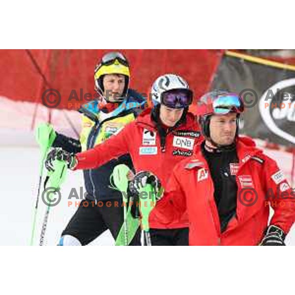 Henrik Kristoffersen and Marcel Hirscher at Course inspection before Audi FIS World Cup Slalom for 58. Vitranc Cup in Kranjska Gora, Slovenia on March 10, 2019
