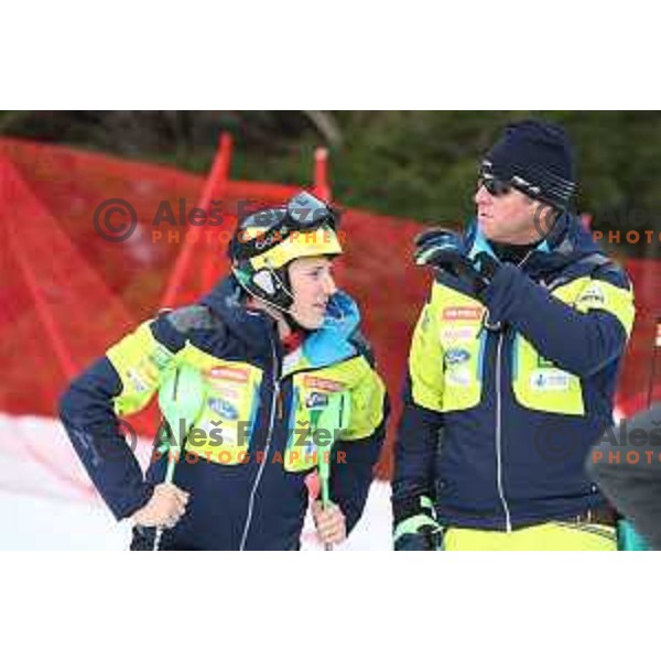 Stefan Hadalin and coach Klemen Bergant at Course inspection before Audi FIS World Cup Slalom for 58. Vitranc Cup in Kranjska Gora, Slovenia on March 10, 2019