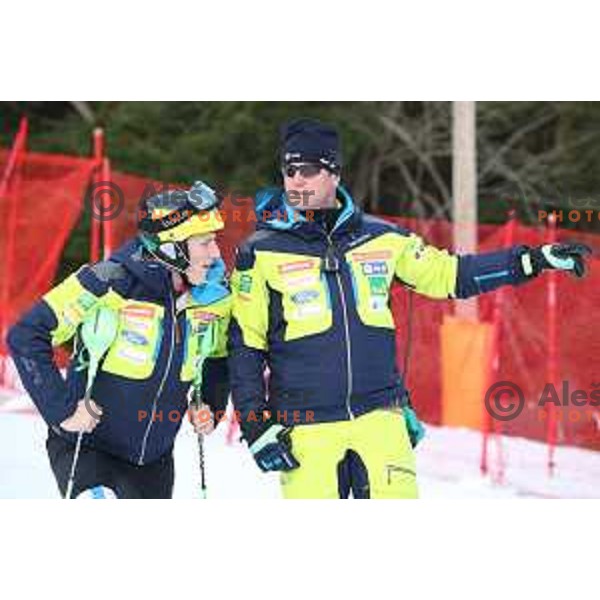 Stefan Hadalin and coach Klemen Bergant at Course inspection before Audi FIS World Cup Slalom for 58. Vitranc Cup in Kranjska Gora, Slovenia on March 10, 2019