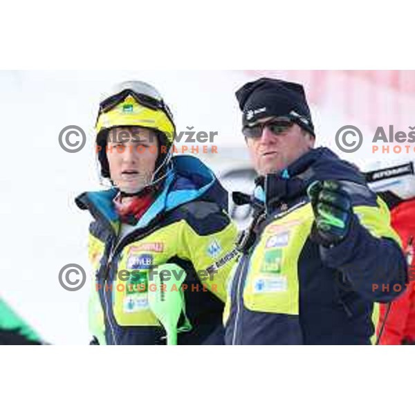 Stefan Hadalin and coach Klemen Bergant at Course inspection before Audi FIS World Cup Slalom for 58. Vitranc Cup in Kranjska Gora, Slovenia on March 10, 2019