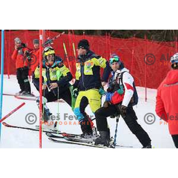 Stefan Hadalin and coach Klemen Bergant at Course inspection before Audi FIS World Cup Slalom for 58. Vitranc Cup in Kranjska Gora, Slovenia on March 10, 2019
