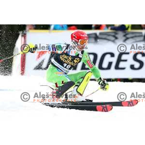Zan Kranjec skiing in the first run of Audi FIS World Cup Slalom for 58. Vitranc Cup in Kranjska Gora, Slovenia on March 10, 2019