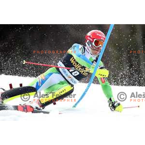 Zan Kranjec skiing in the first run of Audi FIS World Cup Slalom for 58. Vitranc Cup in Kranjska Gora, Slovenia on March 10, 2019