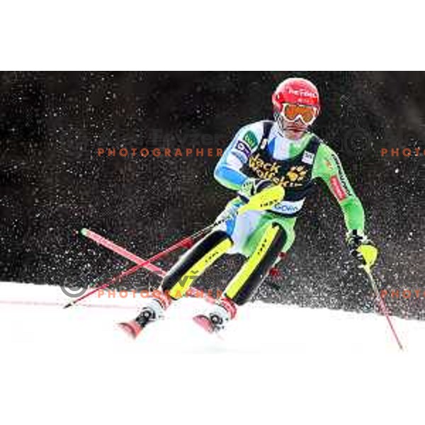 Zan Kranjec skiing in the first run of Audi FIS World Cup Slalom for 58. Vitranc Cup in Kranjska Gora, Slovenia on March 10, 2019
