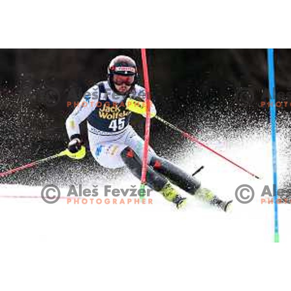 Fabian Bacher skiing in the first run of Audi FIS World Cup Slalom for 58. Vitranc Cup in Kranjska Gora, Slovenia on March 10, 2019