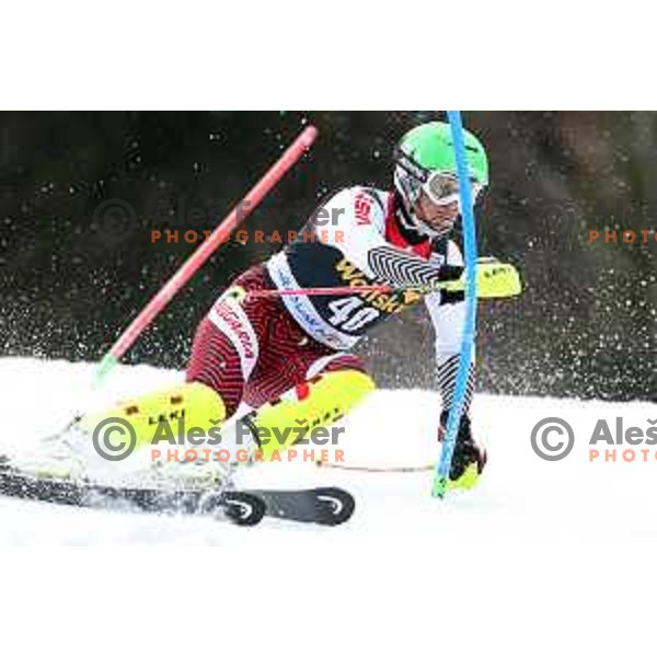 Kamen Zlatkov skiing in the first run of Audi FIS World Cup Slalom for 58. Vitranc Cup in Kranjska Gora, Slovenia on March 10, 2019