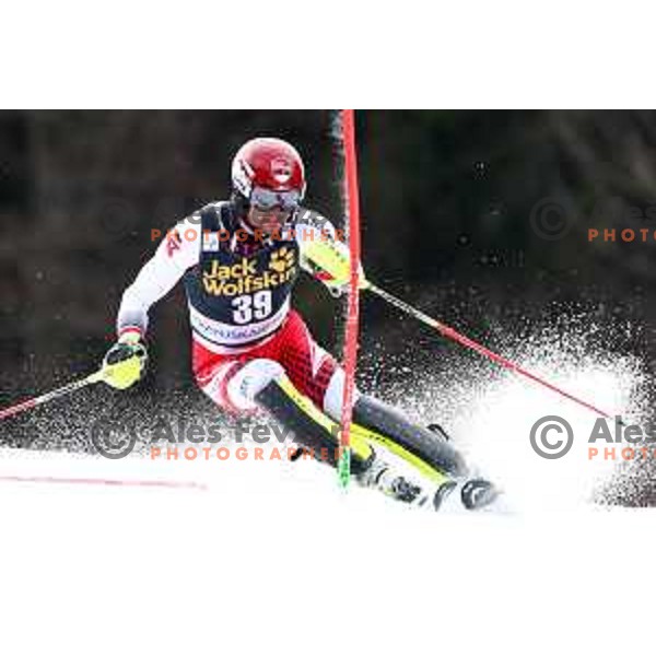 Johannes Strolz skiing in the first run of Audi FIS World Cup Slalom for 58. Vitranc Cup in Kranjska Gora, Slovenia on March 10, 2019