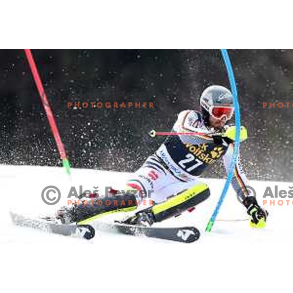 Dominik Stehle skiing in the first run of Audi FIS World Cup Slalom for 58. Vitranc Cup in Kranjska Gora, Slovenia on March 10, 2019