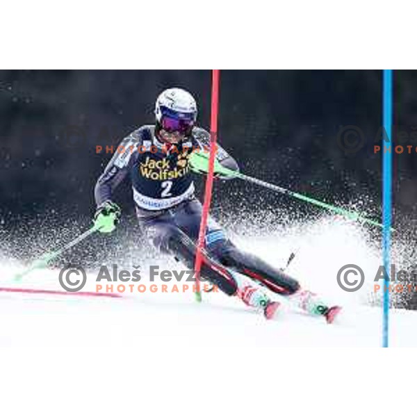 Henrik Kristoffersen skiing in the first run of Audi FIS World Cup Slalom for 58. Vitranc Cup in Kranjska Gora, Slovenia on March 10, 2019