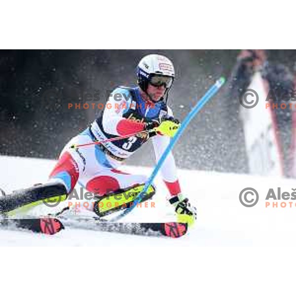 Ramon Zenhaeusern skiing in the first run of Audi FIS World Cup Slalom for 58. Vitranc Cup in Kranjska Gora, Slovenia on March 10, 2019