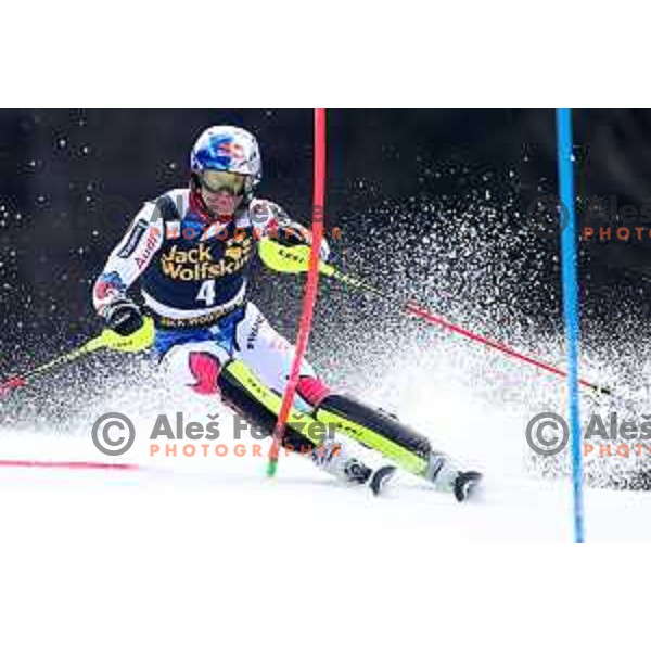Alexis Pinturault skiing in the first run of Audi FIS World Cup Slalom for 58. Vitranc Cup in Kranjska Gora, Slovenia on March 10, 2019