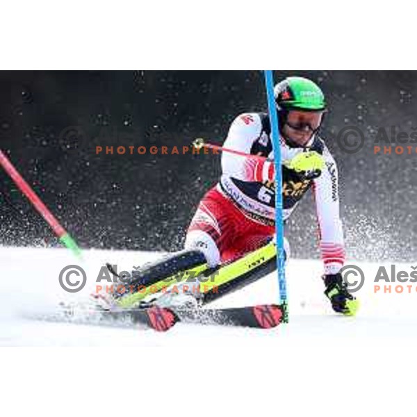 Michael Matt skiing in the first run of Audi FIS World Cup Slalom for 58. Vitranc Cup in Kranjska Gora, Slovenia on March 10, 2019