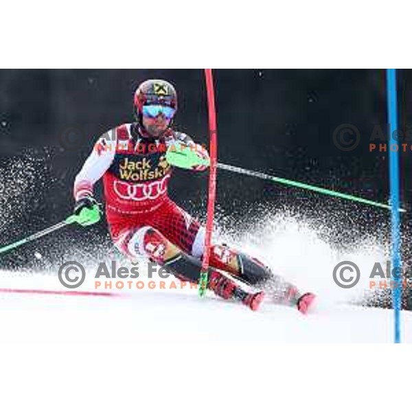 Marcel Hirscher skiing in the first run of Audi FIS World Cup Slalom for 58. Vitranc Cup in Kranjska Gora, Slovenia on March 10, 2019