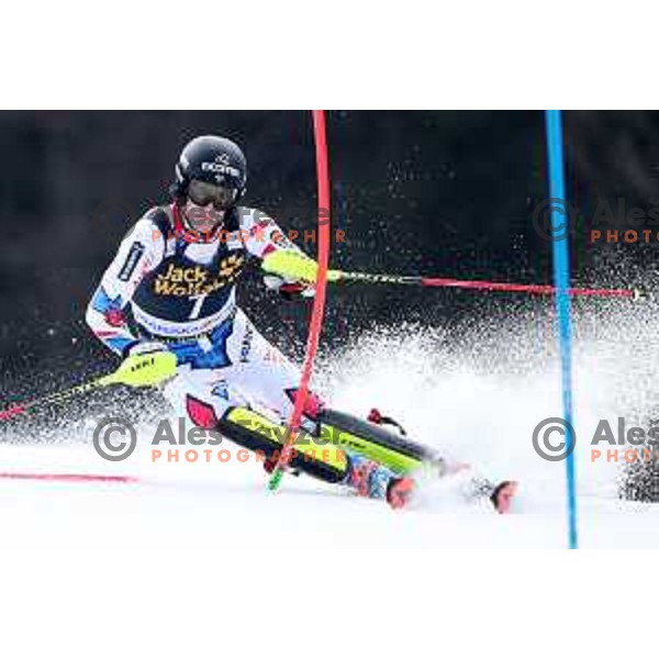 Clement Noel skiing in the first run of Audi FIS World Cup Slalom for 58. Vitranc Cup in Kranjska Gora, Slovenia on March 10, 2019
