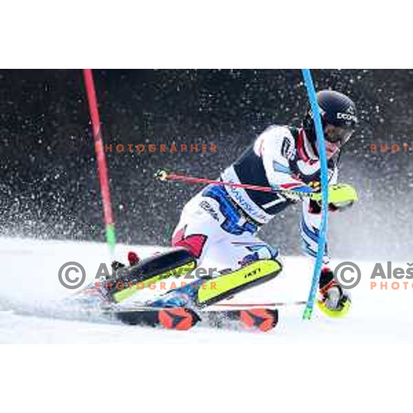 Clement Noel skiing in the first run of Audi FIS World Cup Slalom for 58. Vitranc Cup in Kranjska Gora, Slovenia on March 10, 2019