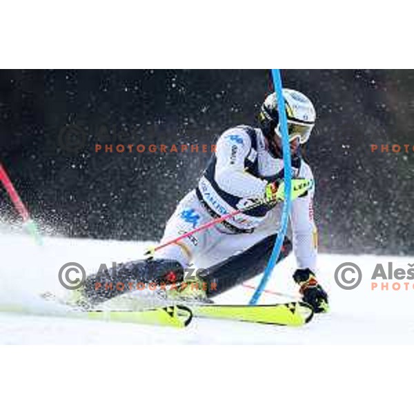 Manfred Moelgg skiing in the first run of Audi FIS World Cup Slalom for 58. Vitranc Cup in Kranjska Gora, Slovenia on March 10, 2019