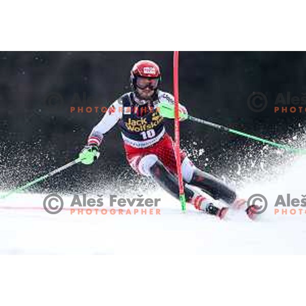 Christian Hirschbuehl skiing in the first run of Audi FIS World Cup Slalom for 58. Vitranc Cup in Kranjska Gora, Slovenia on March 10, 2019