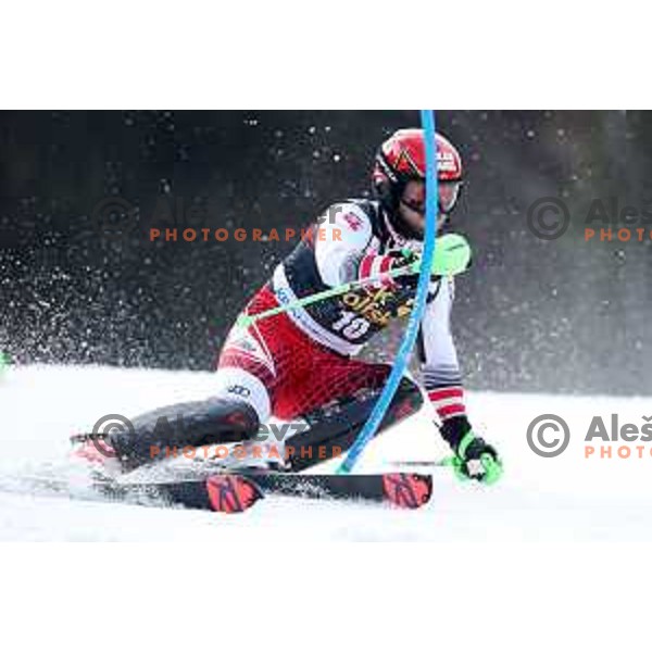 Christian Hirschbuehl skiing in the first run of Audi FIS World Cup Slalom for 58. Vitranc Cup in Kranjska Gora, Slovenia on March 10, 2019