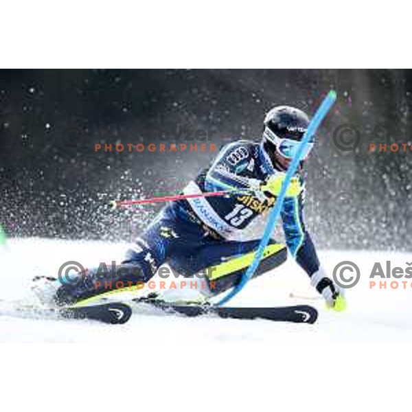 Andre Myhrer skiing in the first run of Audi FIS World Cup Slalom for 58. Vitranc Cup in Kranjska Gora, Slovenia on March 10, 2019