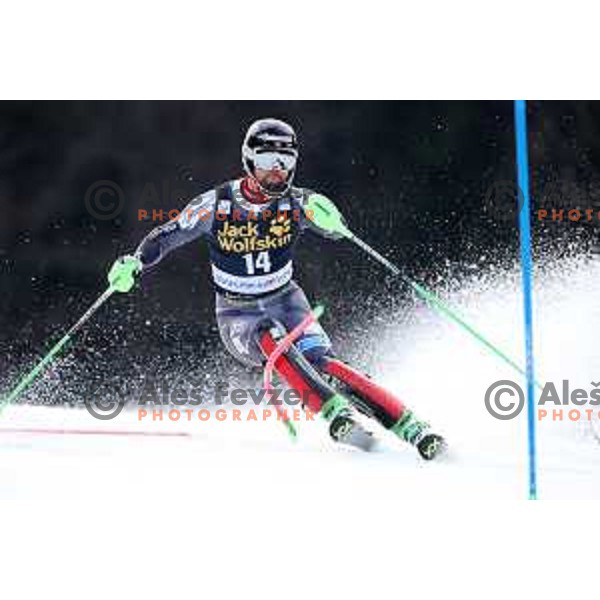 Sebastian Foss-Solevaag skiing in the first run of Audi FIS World Cup Slalom for 58. Vitranc Cup in Kranjska Gora, Slovenia on March 10, 2019