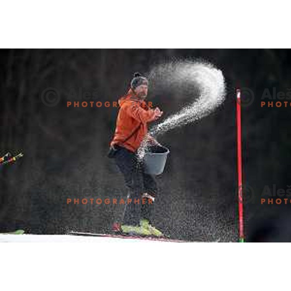 Member of organising Staff is putting salt on the course during Audi FIS World Cup Slalom for 58. Vitranc Cup in Kranjska Gora, Slovenia on March 10, 2019