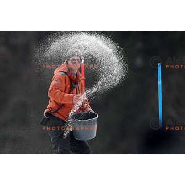 Member of organising Staff is putting salt on the course during Audi FIS World Cup Slalom for 58. Vitranc Cup in Kranjska Gora, Slovenia on March 10, 2019