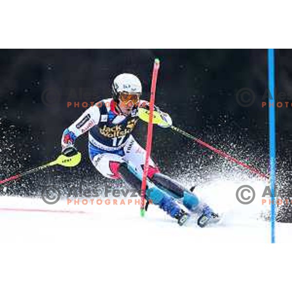 Victor Muffat-Jeandet skiing in the first run of Audi FIS World Cup Slalom for 58. Vitranc Cup in Kranjska Gora, Slovenia on March 10, 2019