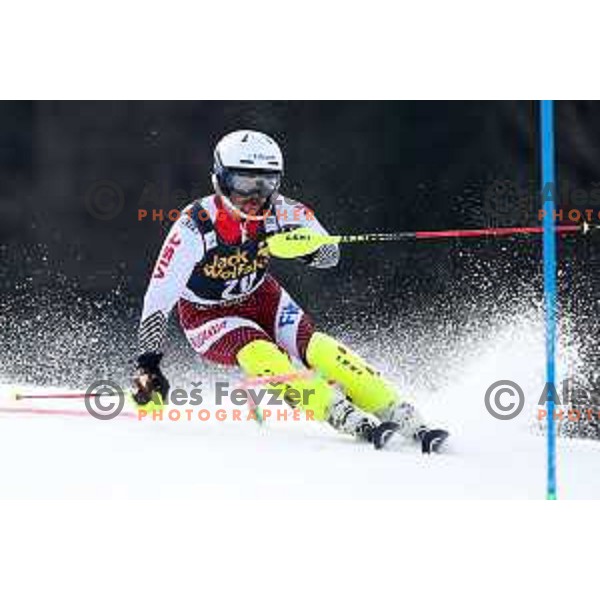 Albert Popov skiing in the first run of Audi FIS World Cup Slalom for 58. Vitranc Cup in Kranjska Gora, Slovenia on March 10, 2019