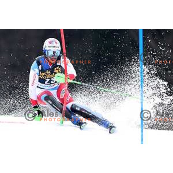 Luca Aerni skiing in the first run of Audi FIS World Cup Slalom for 58. Vitranc Cup in Kranjska Gora, Slovenia on March 10, 2019