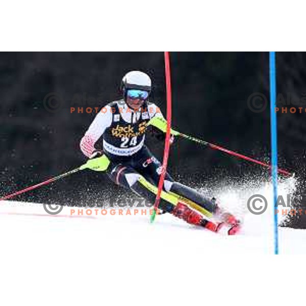 Elias Kolega skiing in the first run of Audi FIS World Cup Slalom for 58. Vitranc Cup in Kranjska Gora, Slovenia on March 10, 2019