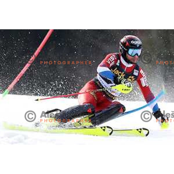 Alexander Khoroshilov skiing in the first run of Audi FIS World Cup Slalom for 58. Vitranc Cup in Kranjska Gora, Slovenia on March 10, 2019