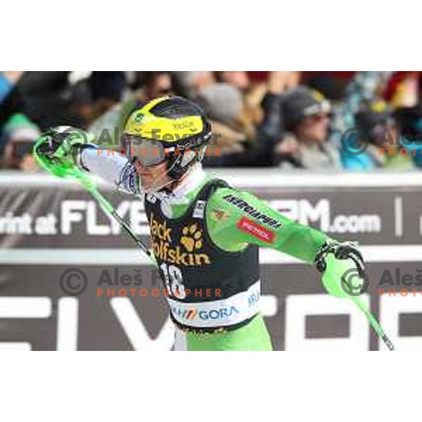 Stefan Hadalin reacts in finsih arena after Audi FIS World Cup Slalom for 58. Vitranc Cup in Kranjska Gora, Slovenia on March 10, 2019